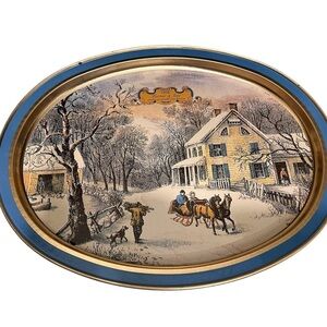 Vintage Currier & Ives The American Homestead Winter ~Metal Serving Tray Oval